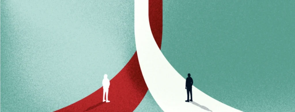 A white and black figure standing on red and white paths.